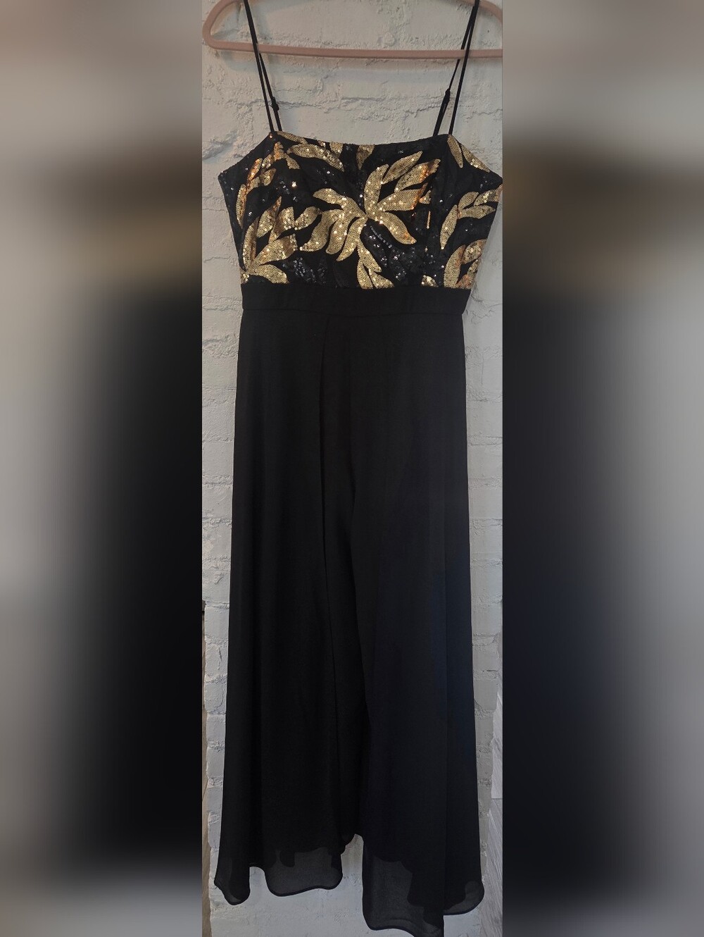London Times Black and Gold Sequin Leaf Bodice Wide-leg Jumpsuit with Overlay